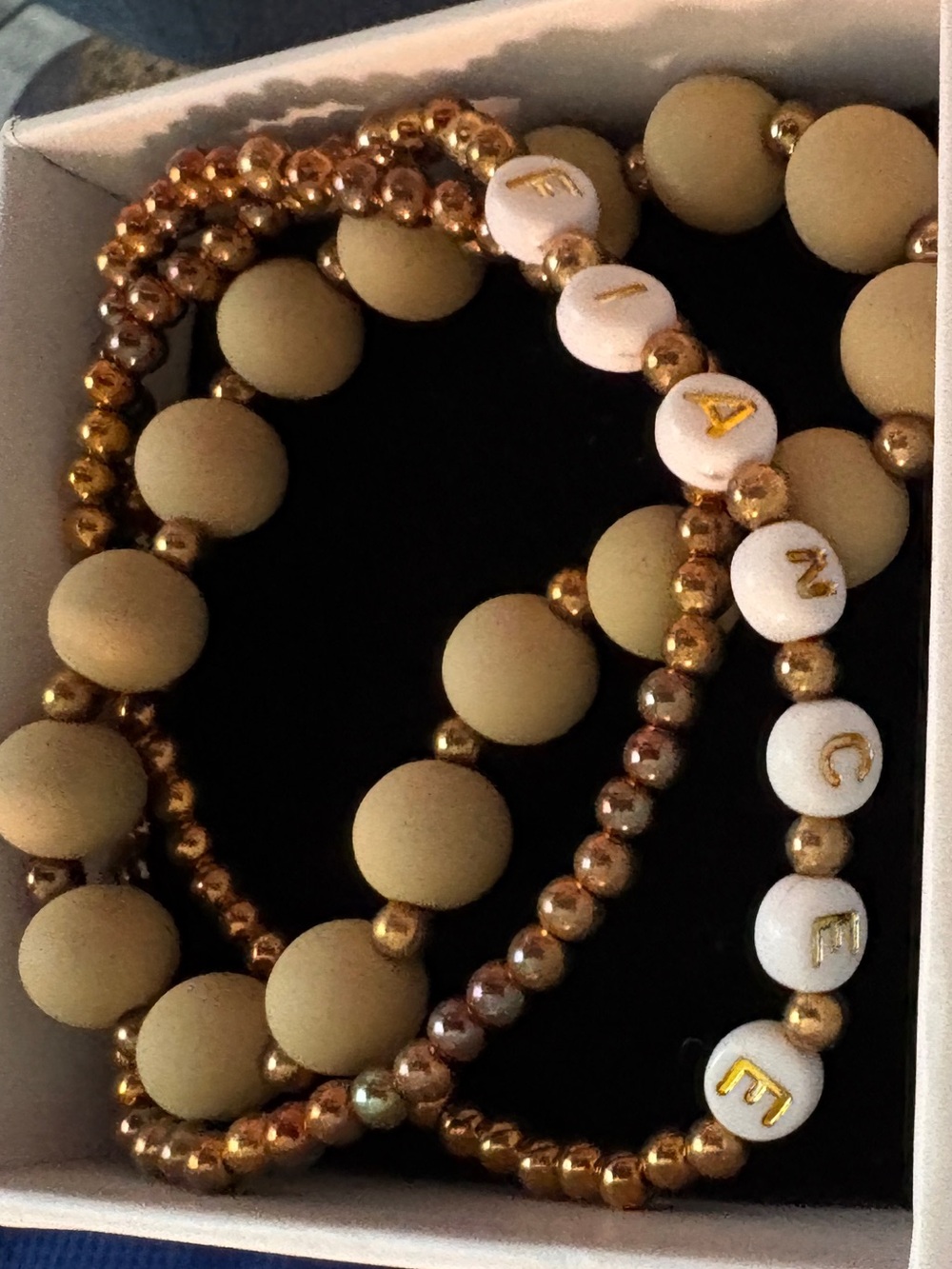 Beaded 'FIANCÉE' Stackable Bracelet Set in Beige and Gold